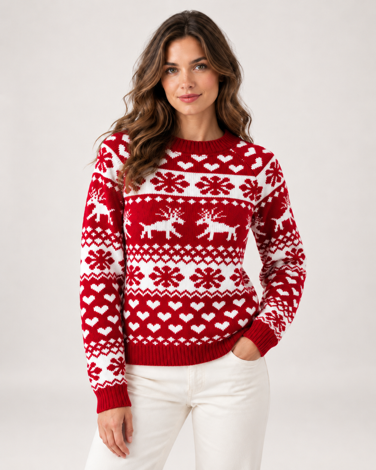 Women's Reindeer Pattern Ribbed Crew Neck Christmas Jumper in Red