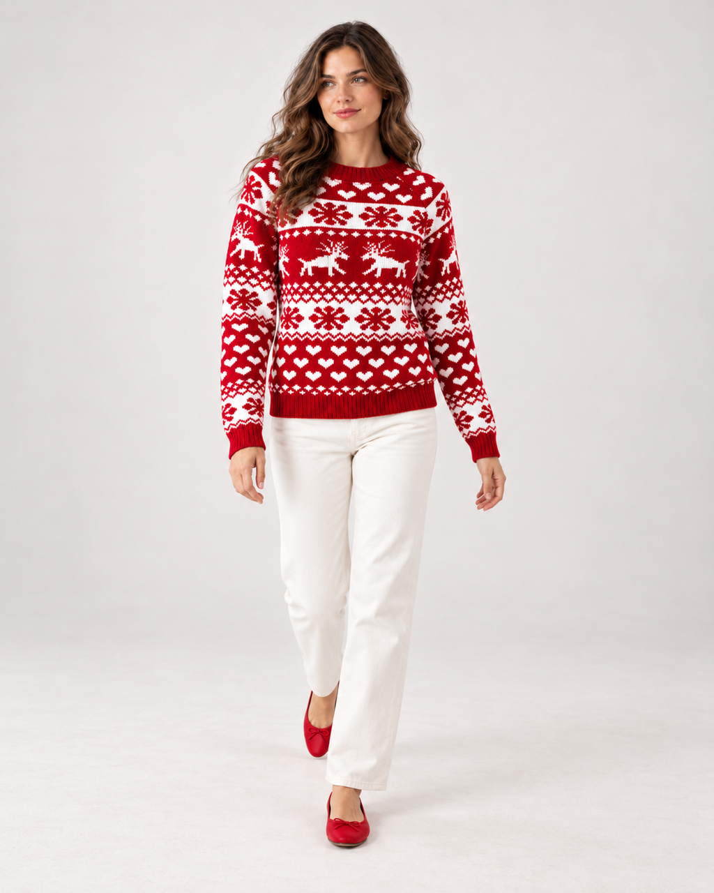 Women's Reindeer Pattern Ribbed Crew Neck Christmas Jumper
