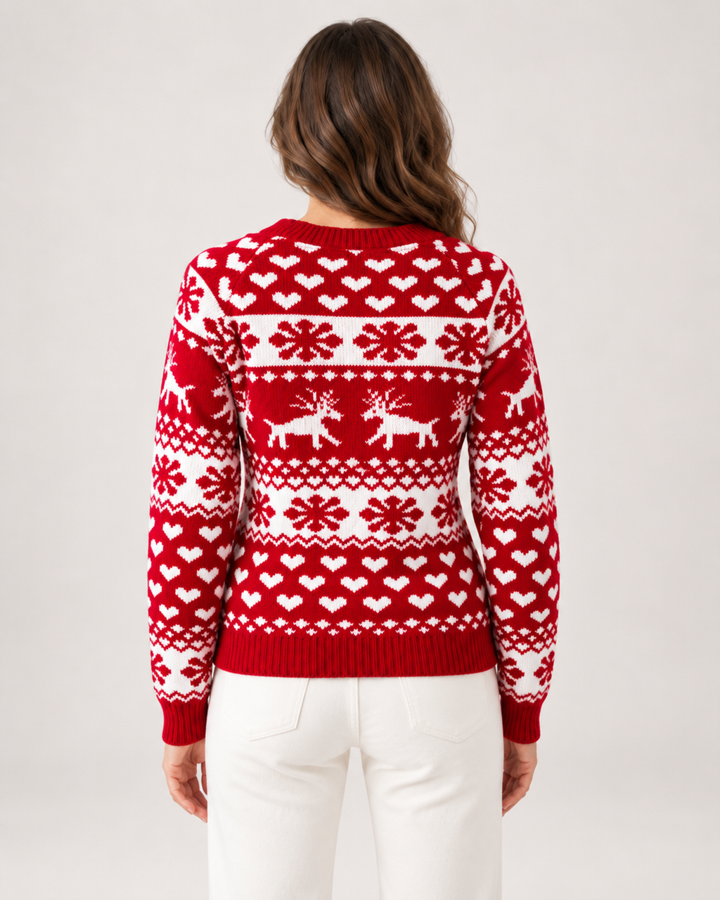Women's Reindeer Pattern Ribbed Crew Neck Christmas Jumper