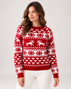 Women's Reindeer Pattern Ribbed Crew Neck Christmas Jumper