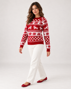 Women's Reindeer Pattern Ribbed Crew Neck Christmas Jumper