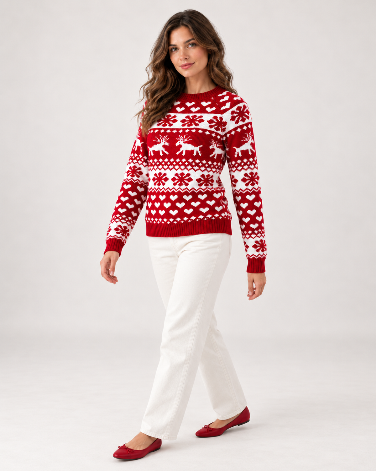 Women's Reindeer Pattern Ribbed Crew Neck Christmas Jumper