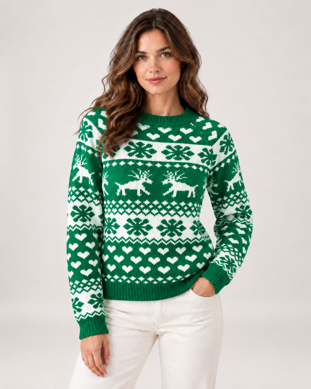 Women's Reindeer Pattern Ribbed Crew Neck Christmas Jumper in Green