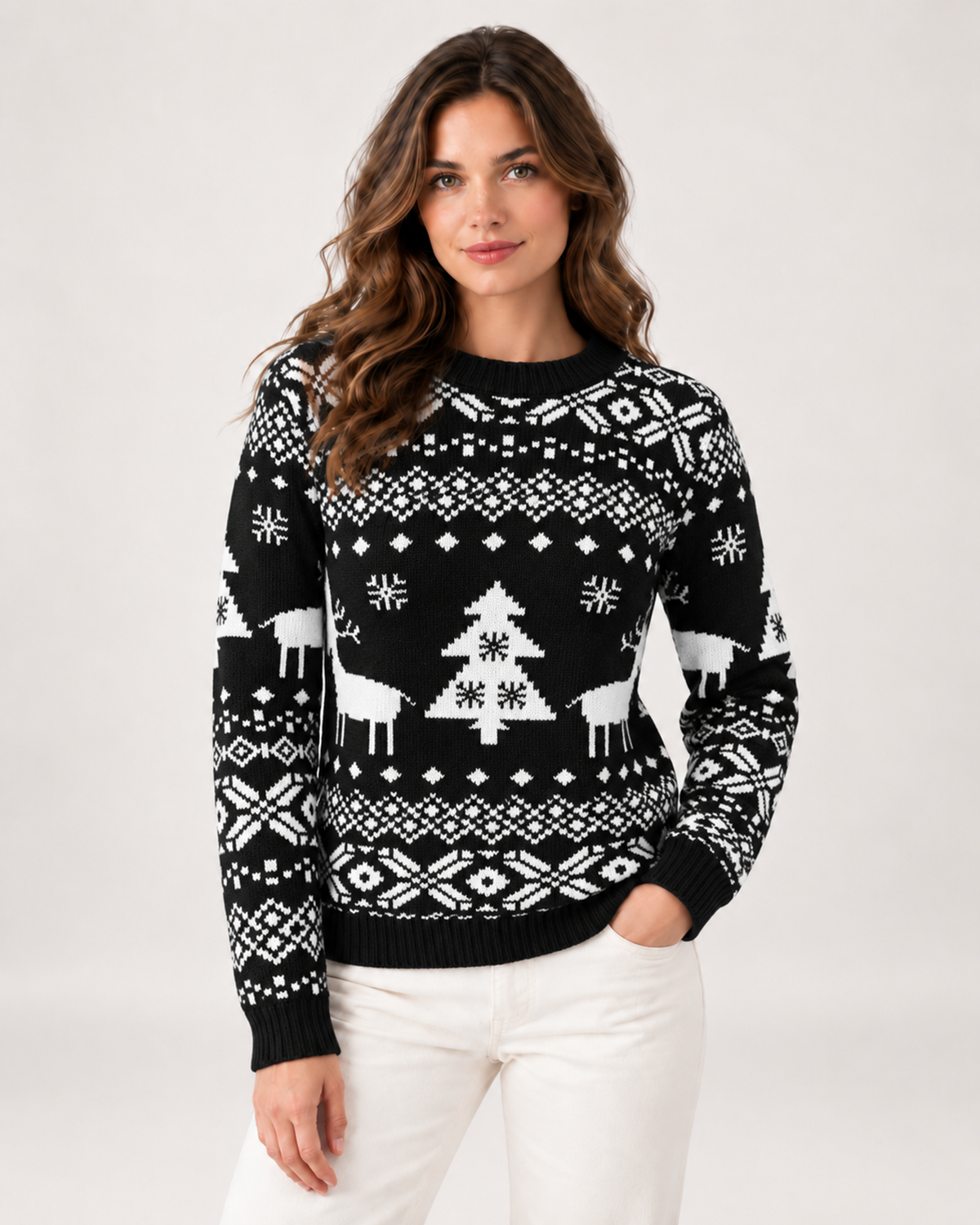 Women's Reindeer Pattern Ribbed Crew Neck Christmas Jumper in Black