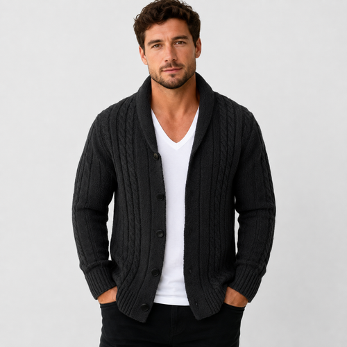 Men's Classic Cable Knit Button-Front Cardigan in Black