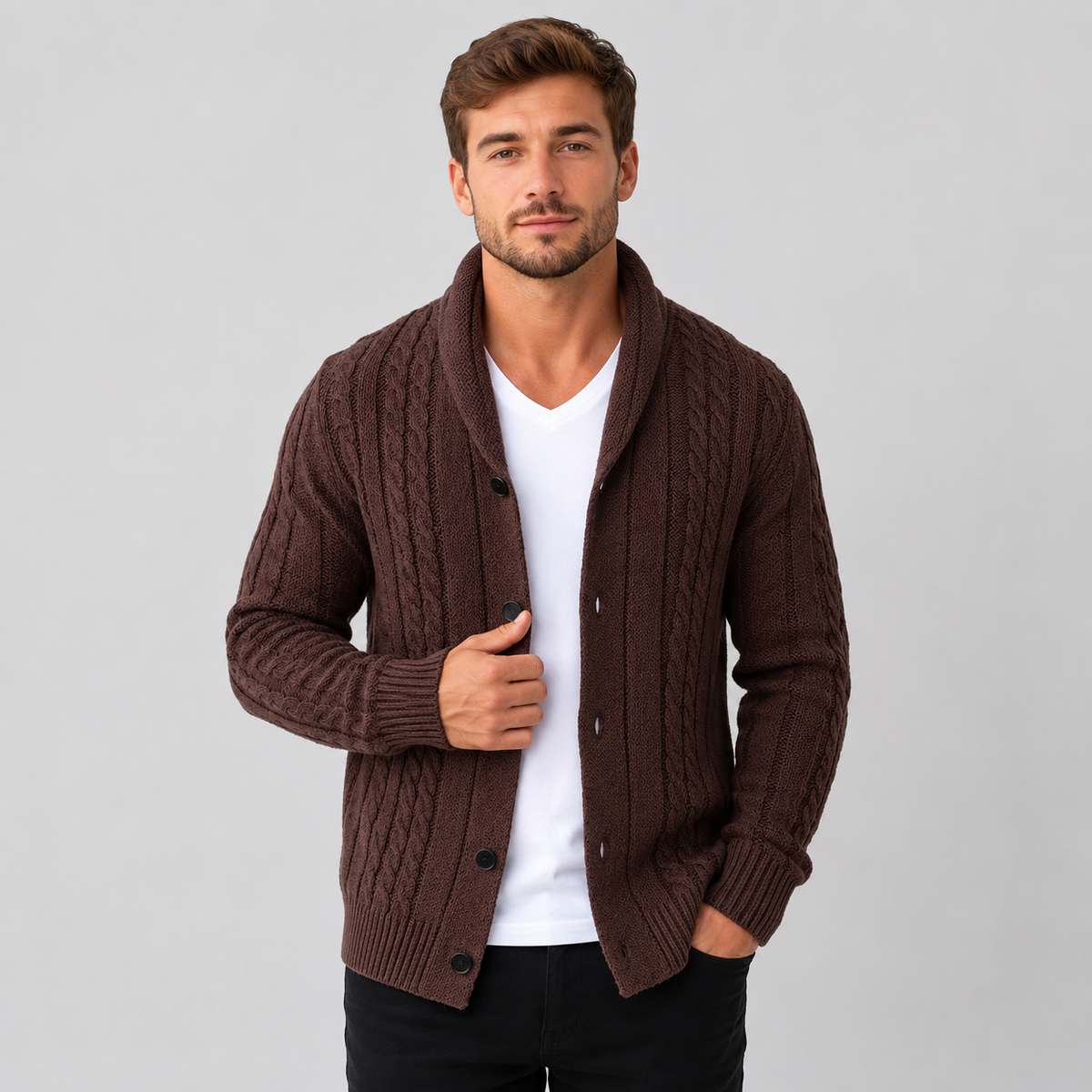 Men's Classic Cable Knit Button-Front Cardigan in Brown