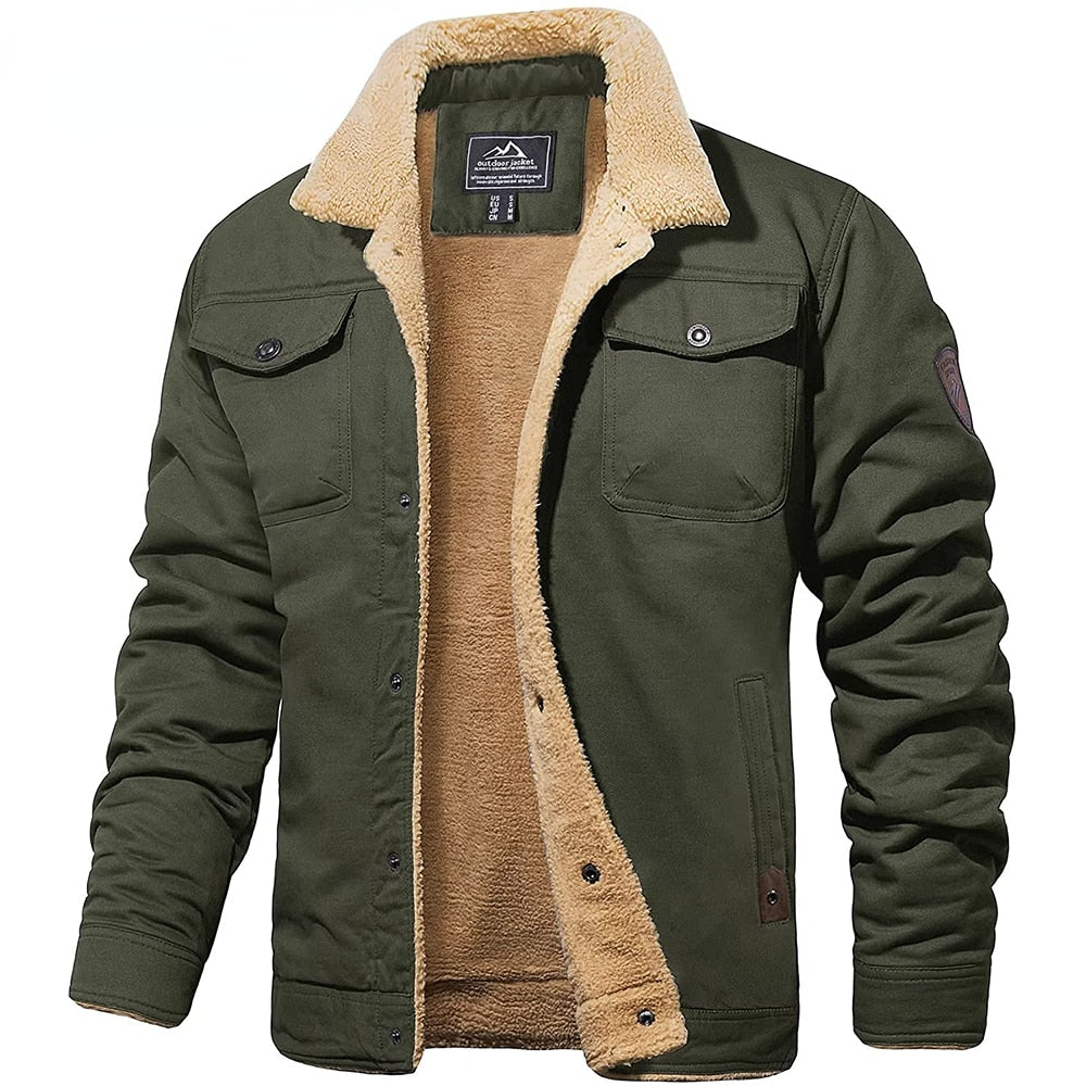 Men's Sherpa Collar Fleece Lined Chest Pocket Jacket in Army Green