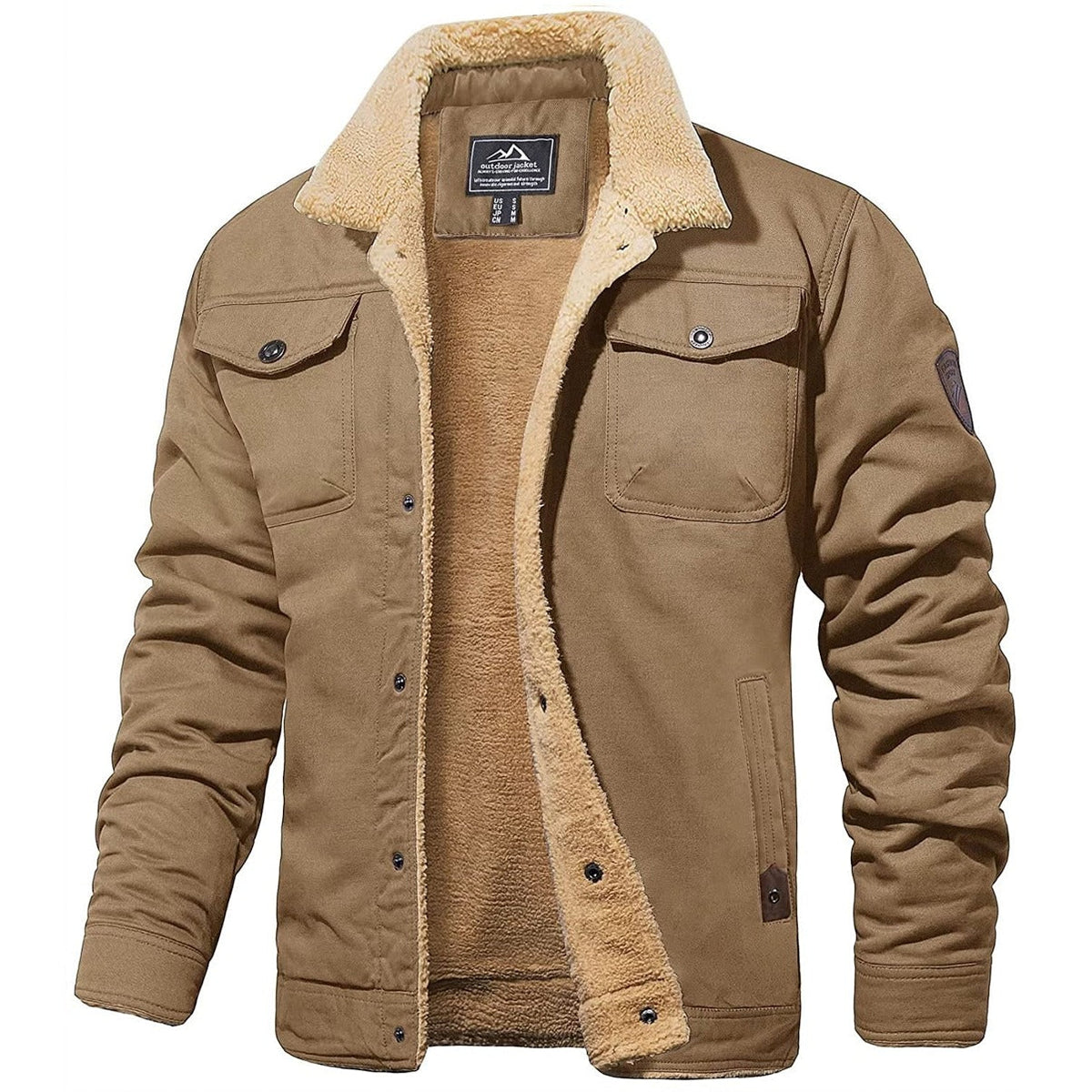 Men's Sherpa Collar Fleece Lined Chest Pocket Jacket in Khaki