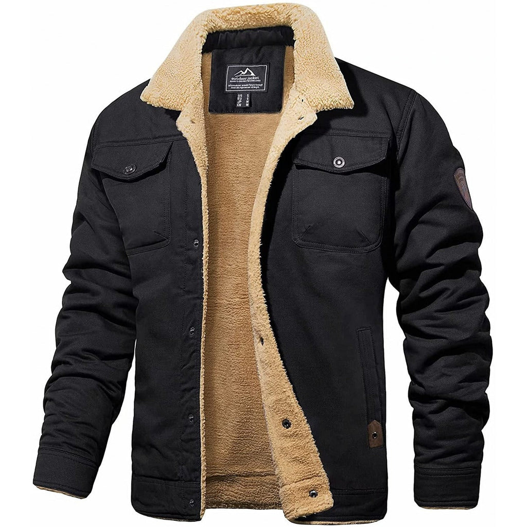 Men's Sherpa Collar Fleece Lined Chest Pocket Jacket in Black