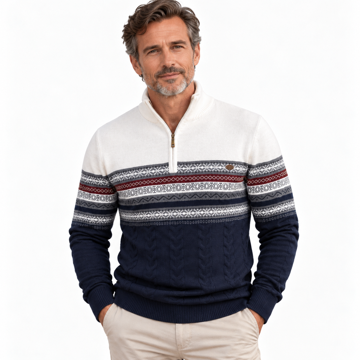 Men's Fair Isle Cable Knit Half-Zip Christmas Jumper in White