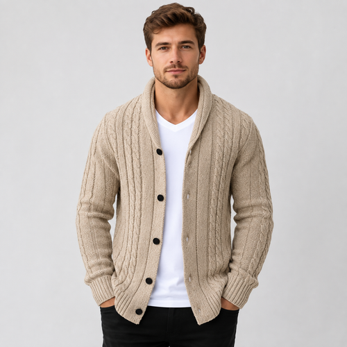 Men's Classic Cable Knit Button-Front Cardigan in Orange