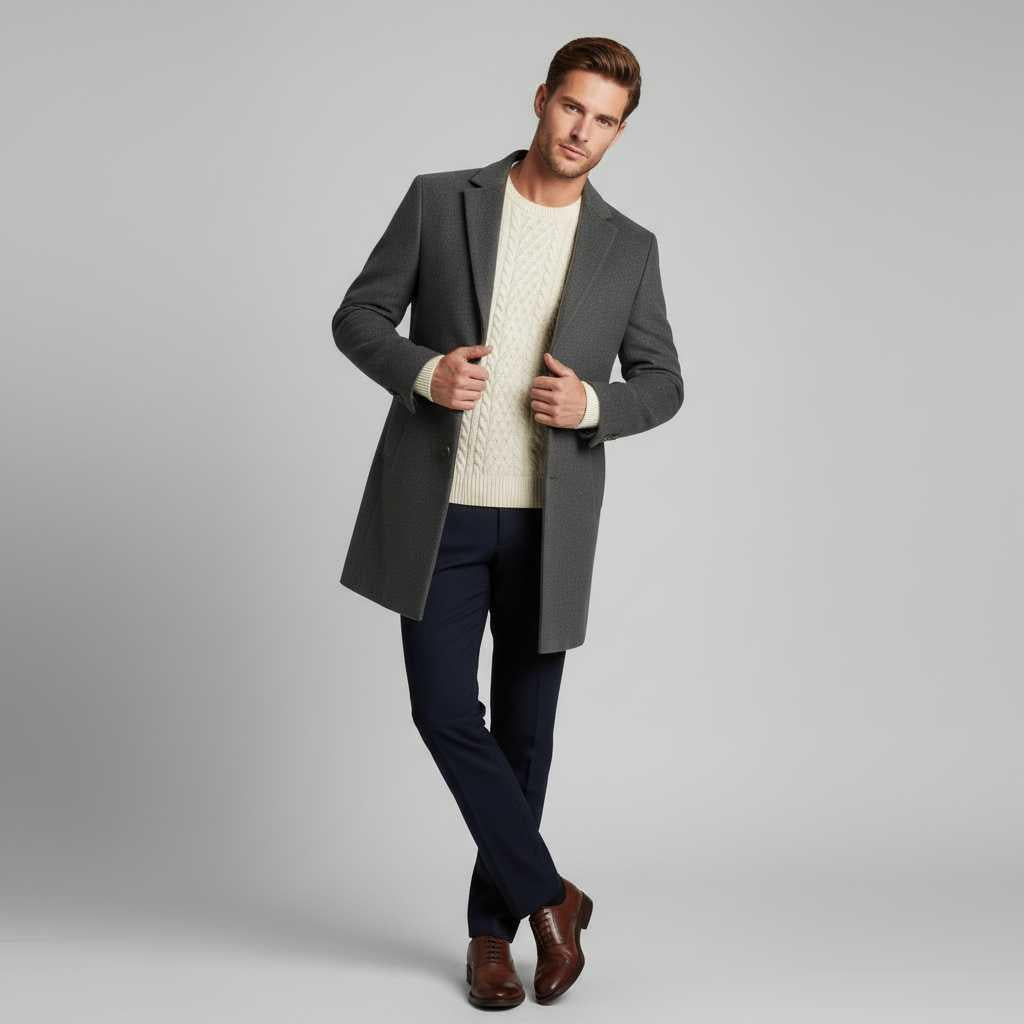 Men's Notched Lapel Overcoat | Elegant Men's Coat for Winter