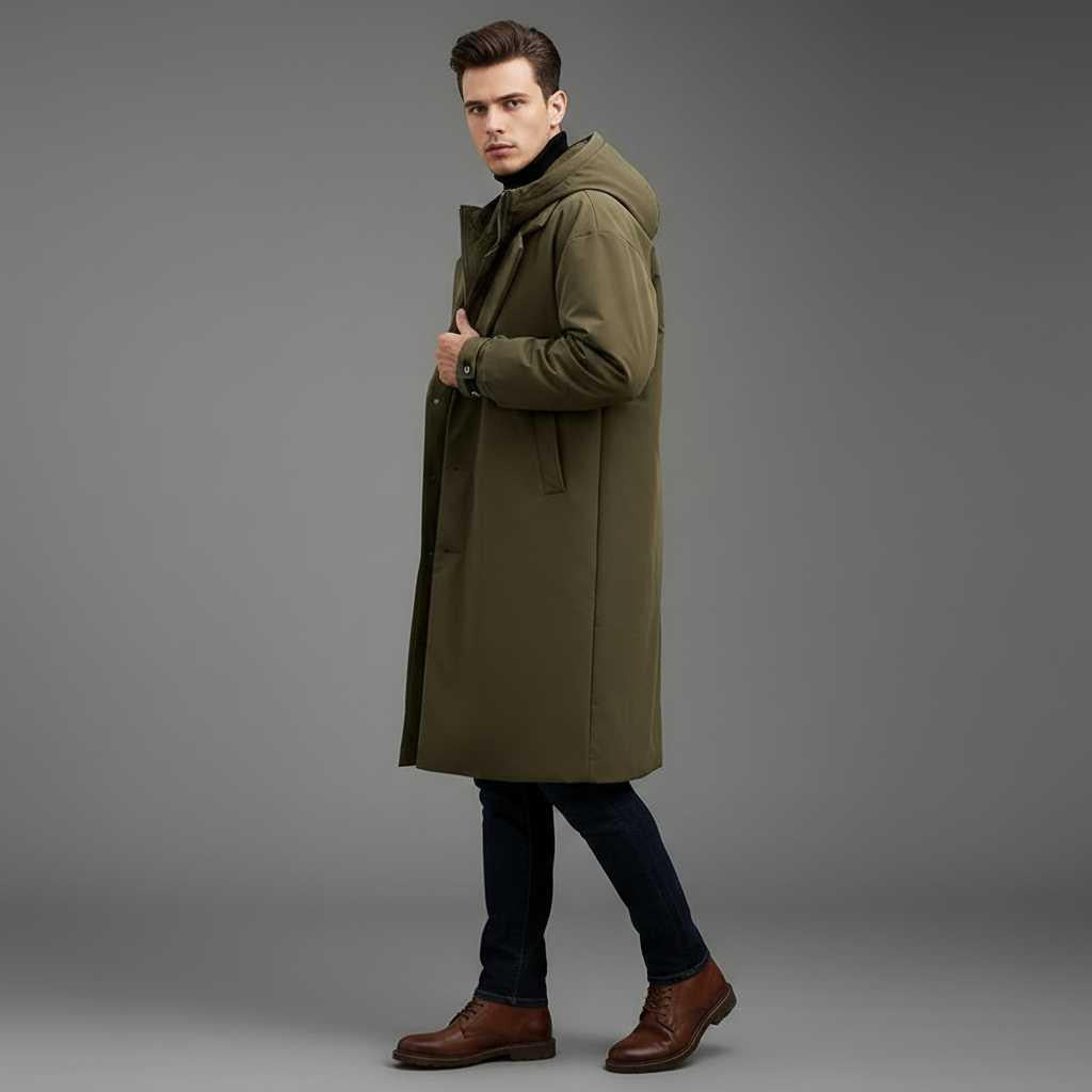 Men's Waterproof Long Hooded Puffer Trench Coat