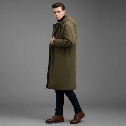 Men's Waterproof Puffer Trench Coat | Long Hooded Jacket