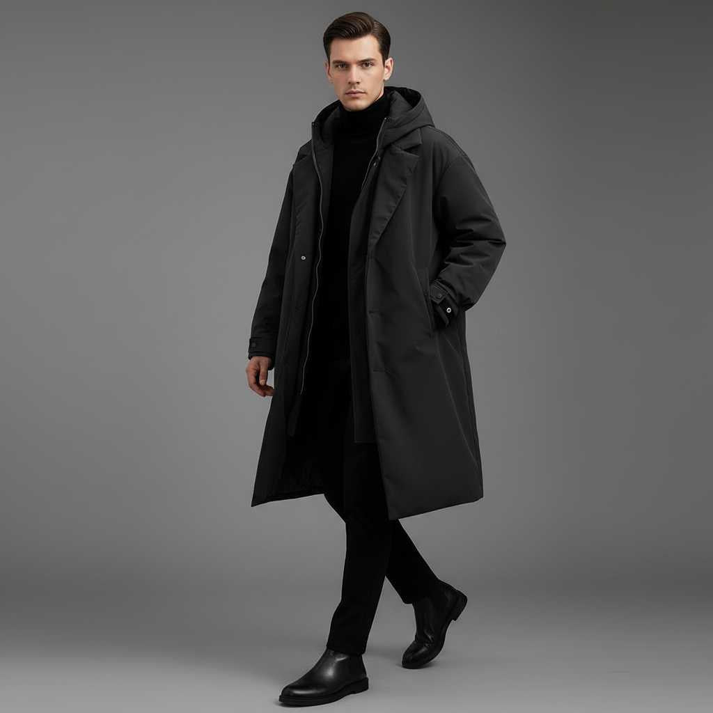 Men's Waterproof Puffer Trench Coat | Long Hooded Jacket
