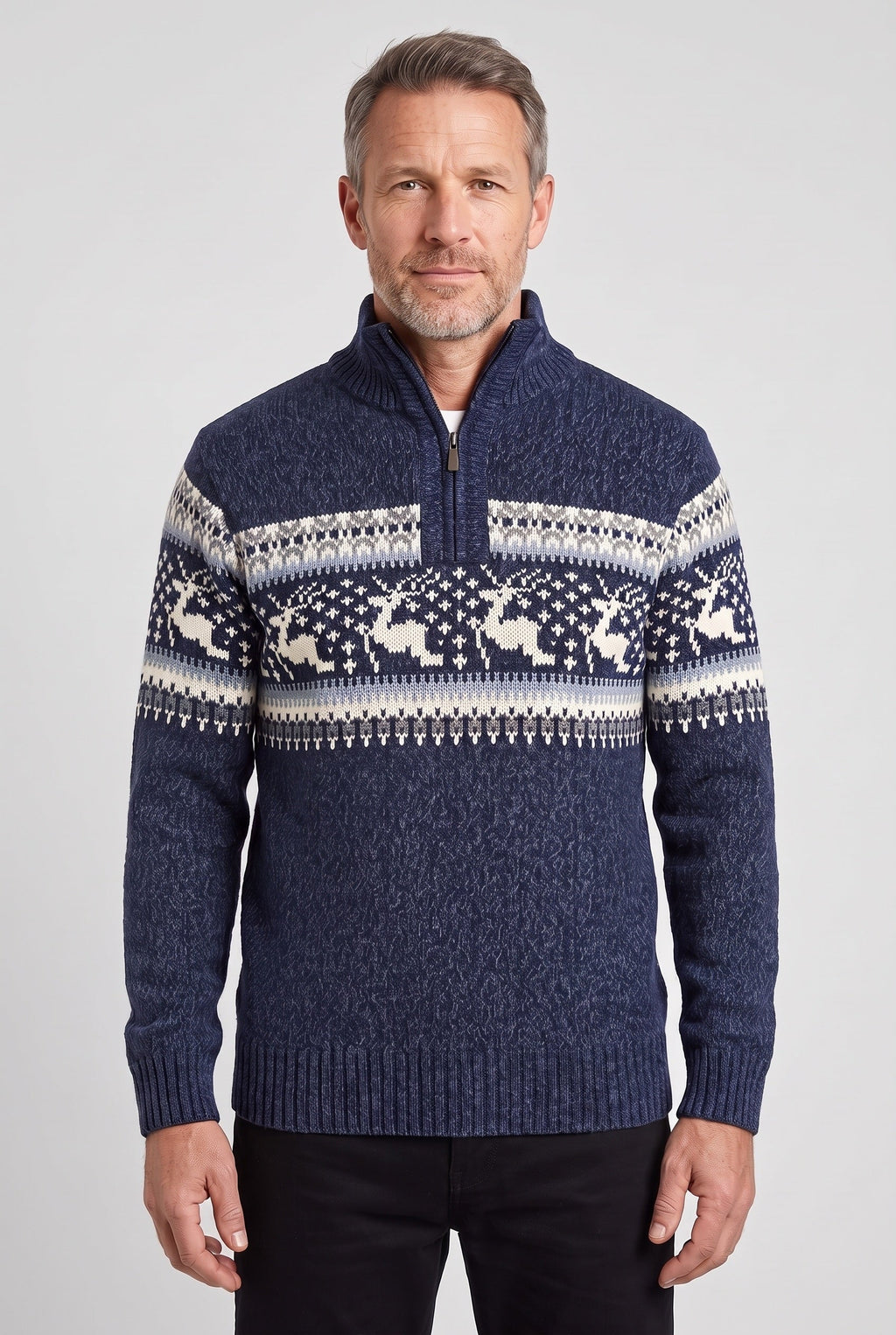 Men's Fair Isle Reindeer Half-Zip Knitted Jumper in Navy