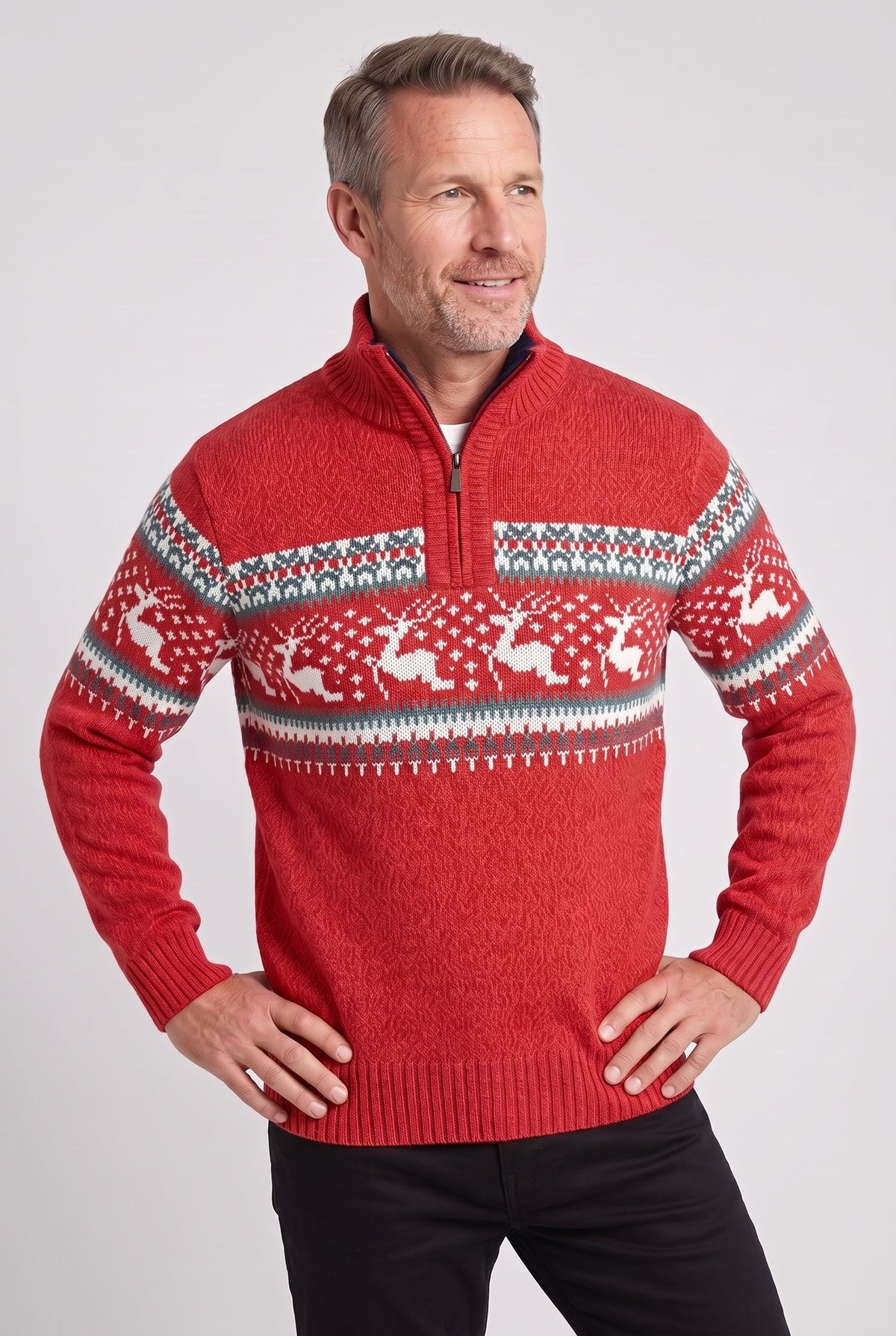 Men's Fair Isle Reindeer Half-Zip Knitted Jumper in Red