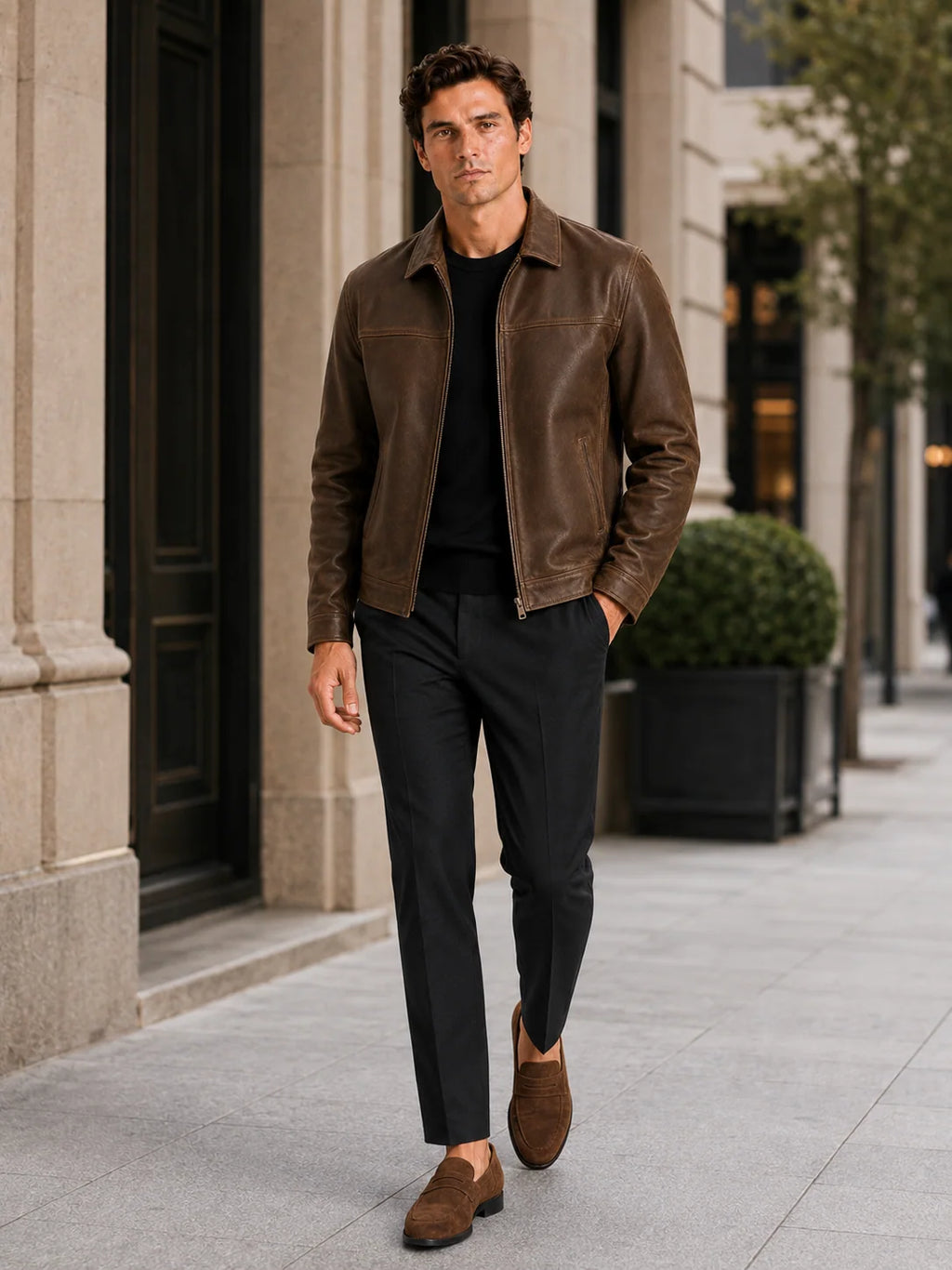 Men's Loose Fit Leather Zip-Up Pilot Jacket