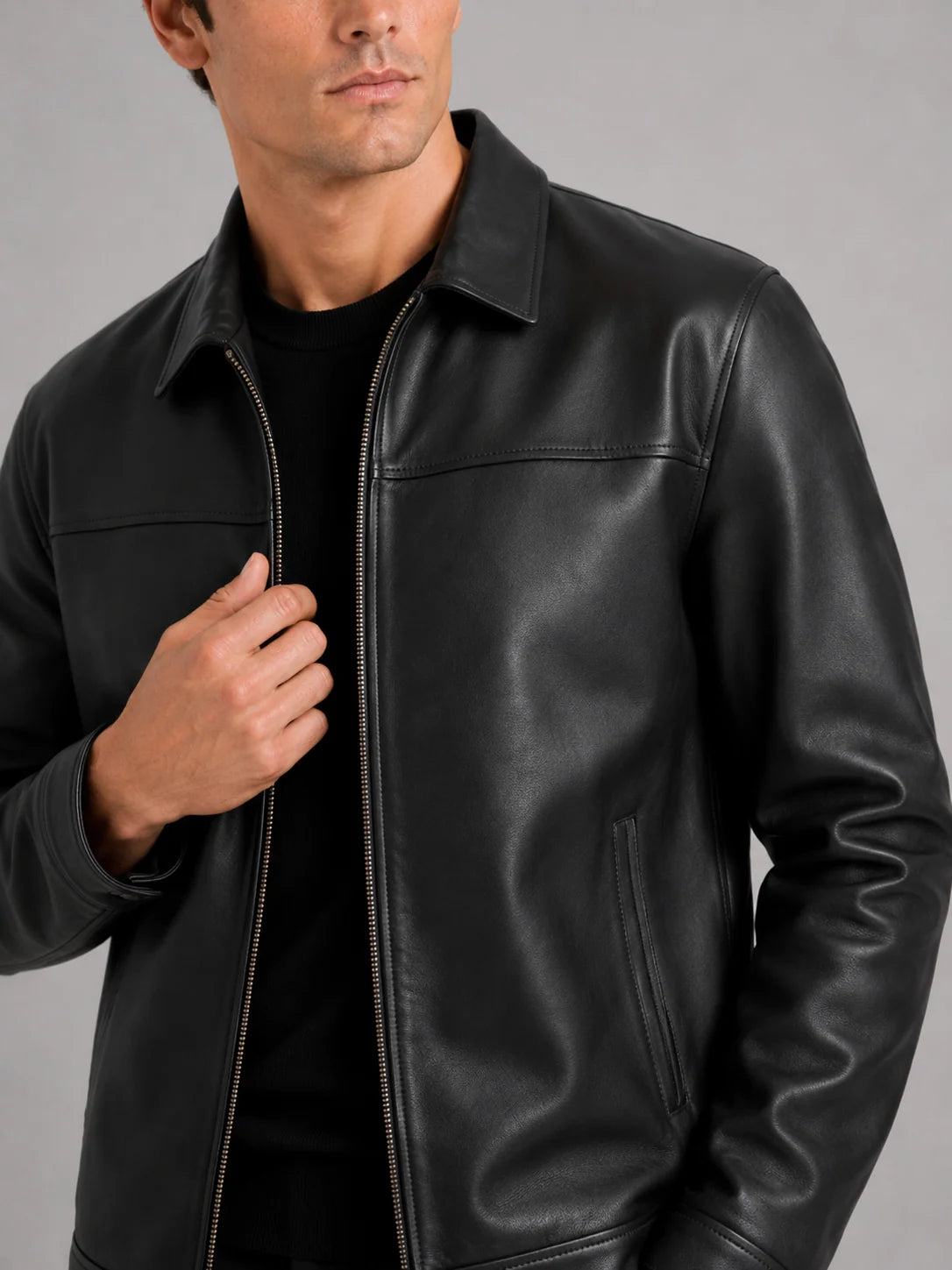 Men's Loose Fit Leather Zip-Up Pilot Jacket