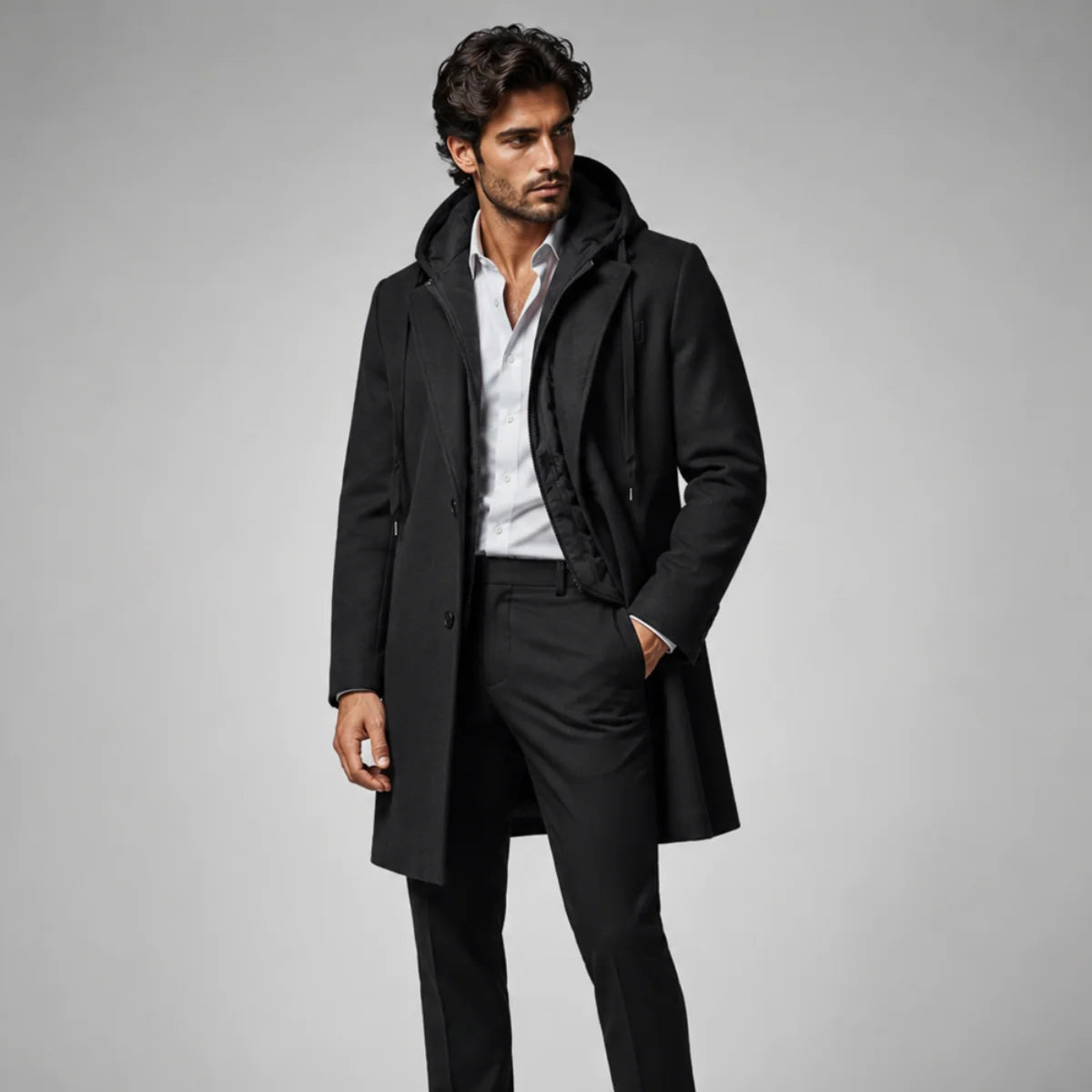 Men's Quilted Tailored Hooded Winter Overcoat