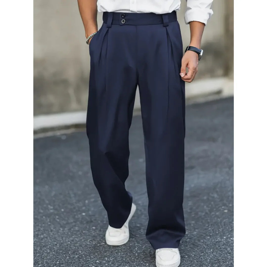 Men's Relaxed Fit Double-Button Wide-Leg Trousers