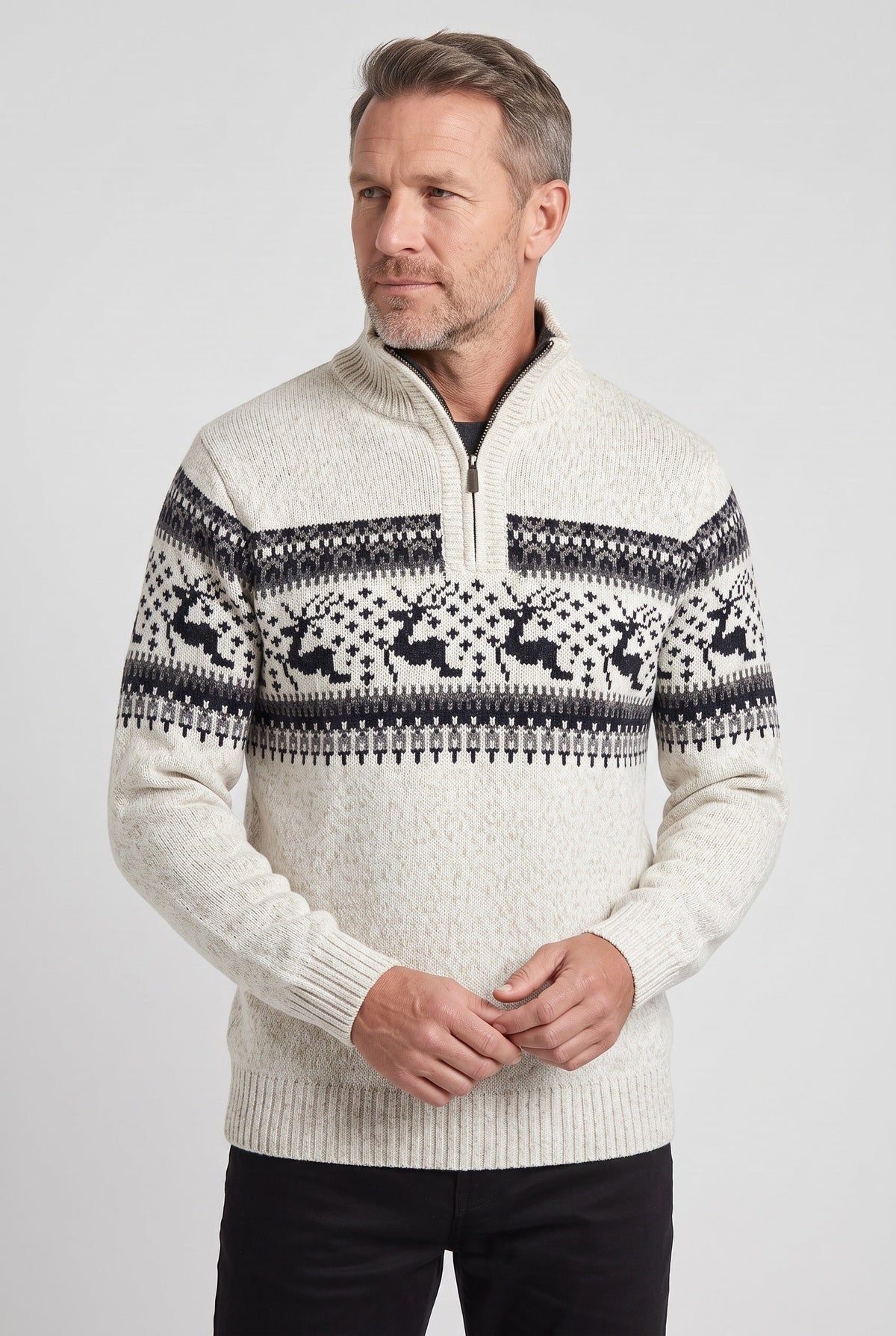 Men's Fair Isle Reindeer Half-Zip Knitted Jumper in White