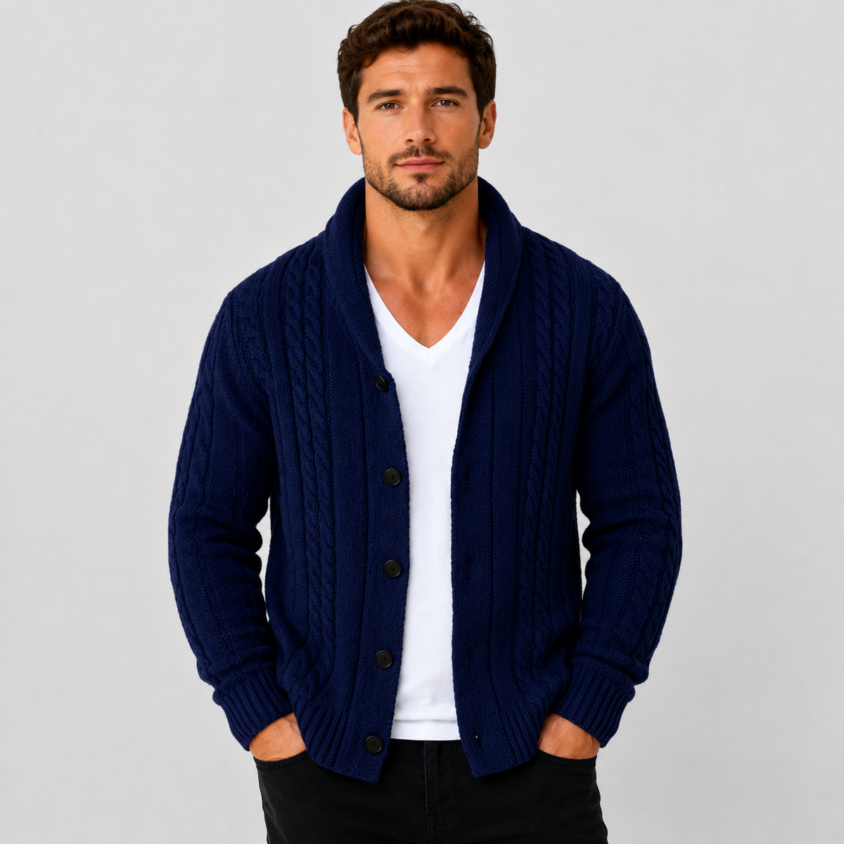 Men's Classic Cable Knit Button-Front Cardigan in Navy