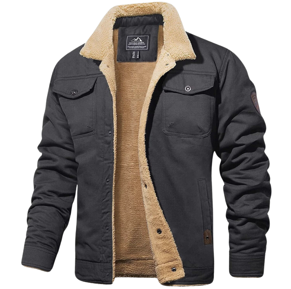 Men's Sherpa Collar Fleece Lined Chest Pocket Jacket in Dark Gray