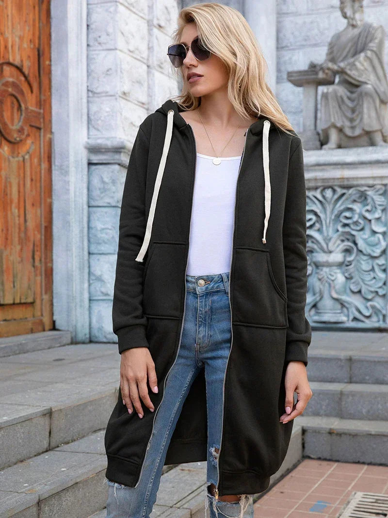 Women's Relaxed Fit Longline Zip-Up Hoodie Sweatshirt