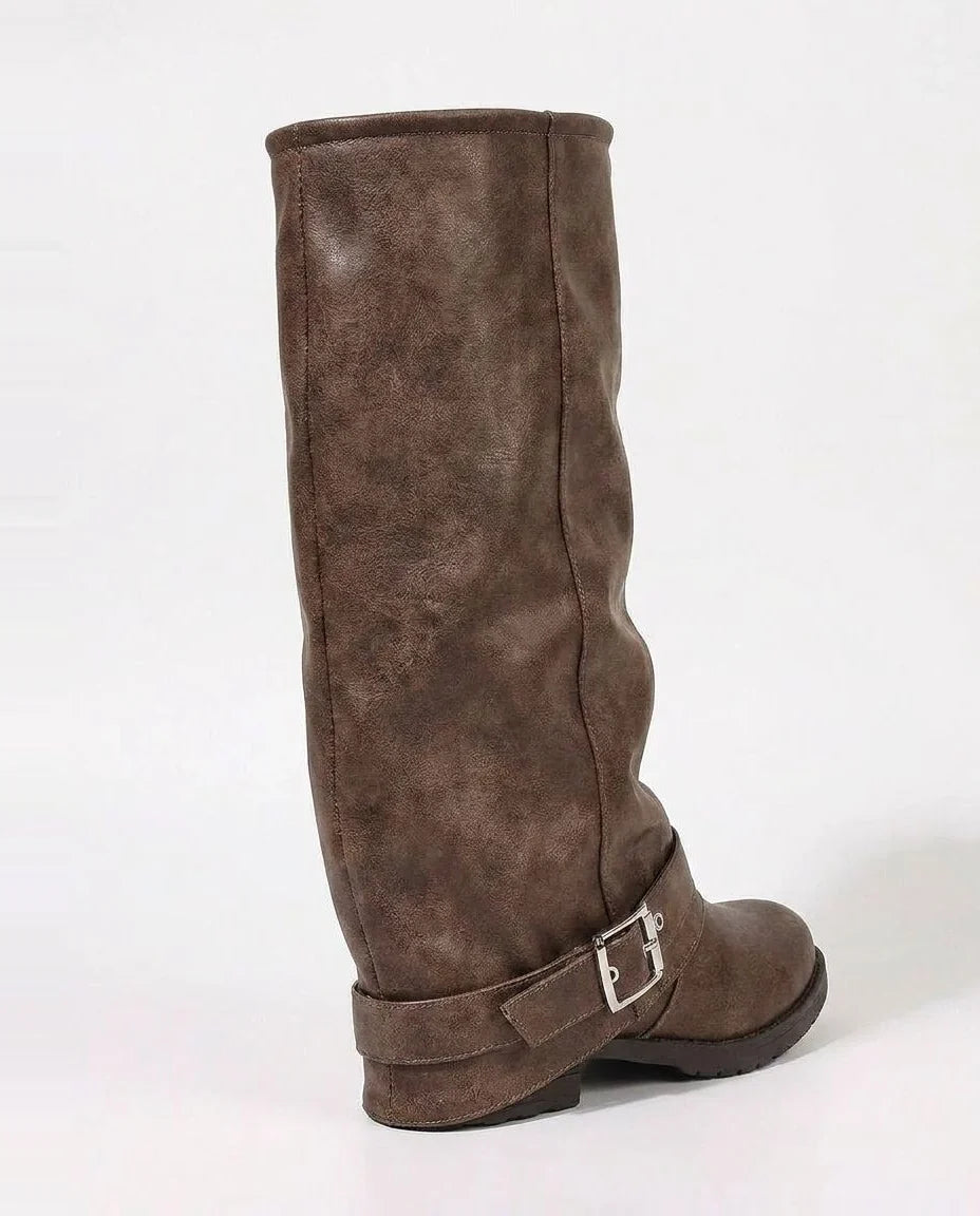 Women's Slouched Buckle Strap Knee High Boots