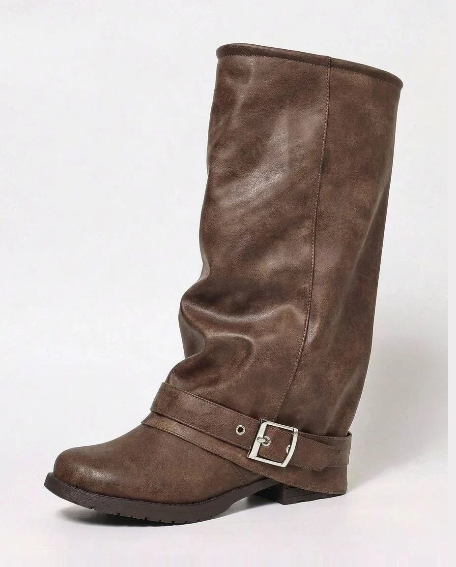 Women's Slouched Buckle Strap Knee High Boots