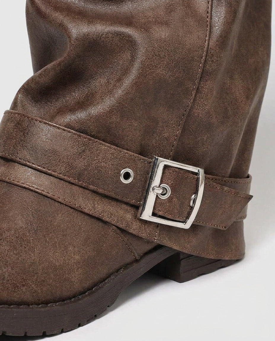 Women's Slouched Buckle Strap Knee High Boots
