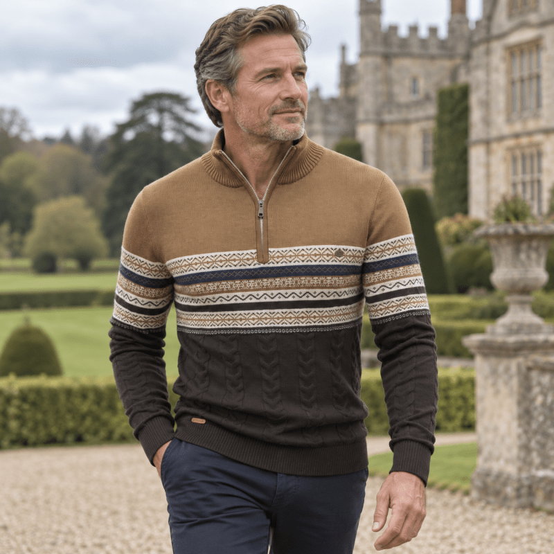 Men's Fair Isle Cable Knit Half-Zip Christmas Jumper