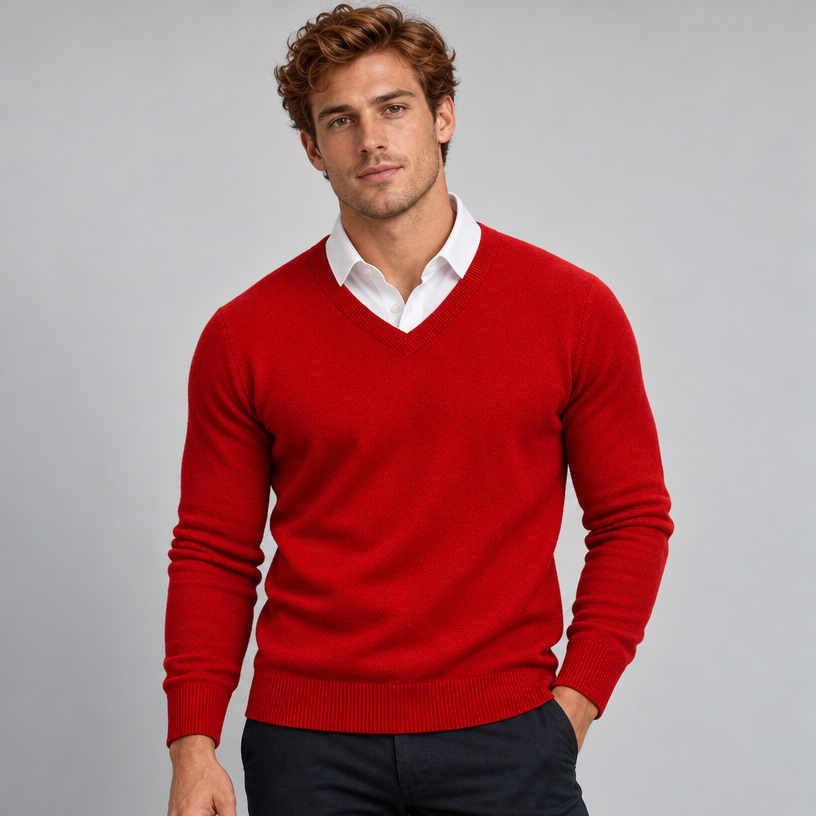 Men's Merino Wool V-Neck Pullover — Red